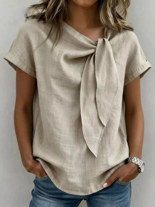 Full Size Bow Tie Neck Short Sleeve Blouse Plus Size - A Roese Boutique