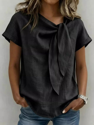 Full Size Bow Tie Neck Short Sleeve Blouse Plus Size - A Roese Boutique