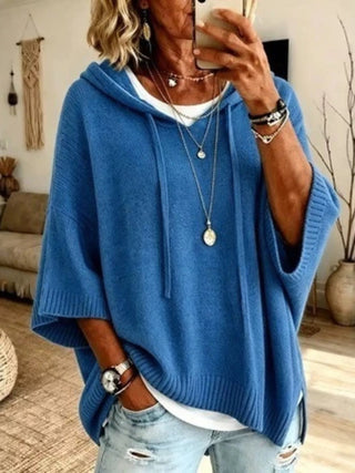 Full Size Drawstring 3/4 Sleeve Hooded Sweater Plus Size - A Roese Boutique