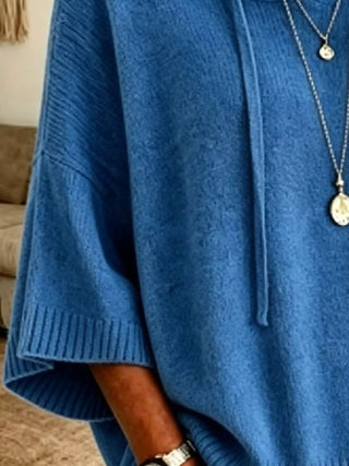 Full Size Drawstring 3/4 Sleeve Hooded Sweater Plus Size - A Roese Boutique