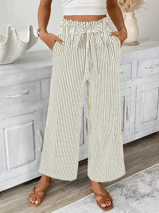 Full Size Striped Wide Leg Paper Bag Pants Plus Size - A Roese Boutique