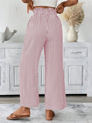 Full Size Striped Wide Leg Paper Bag Pants Plus Size - A Roese Boutique