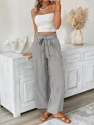 Full Size Striped Wide Leg Paper Bag Pants Plus Size - A Roese Boutique