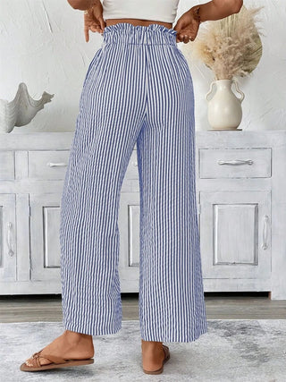 Full Size Striped Wide Leg Paper Bag Pants Plus Size - A Roese Boutique