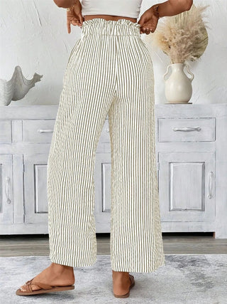 Full Size Striped Wide Leg Paper Bag Pants Plus Size - A Roese Boutique