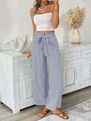 Full Size Striped Wide Leg Paper Bag Pants Plus Size - A Roese Boutique