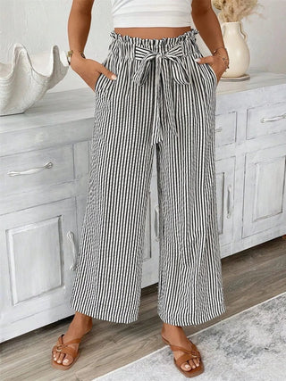 Full Size Striped Wide Leg Paper Bag Pants Plus Size - A Roese Boutique