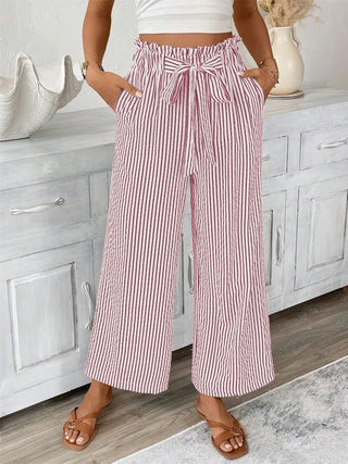 Full Size Striped Wide Leg Paper Bag Pants Plus Size - A Roese Boutique
