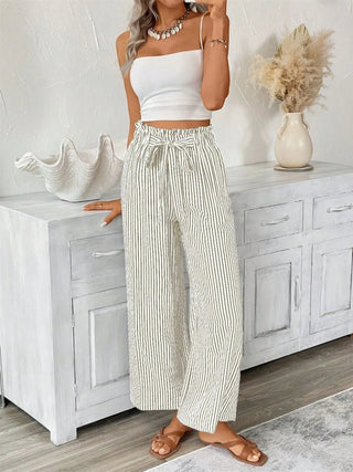Full Size Striped Wide Leg Paper Bag Pants Plus Size - A Roese Boutique