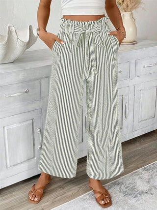 Full Size Striped Wide Leg Paper Bag Pants Plus Size - A Roese Boutique