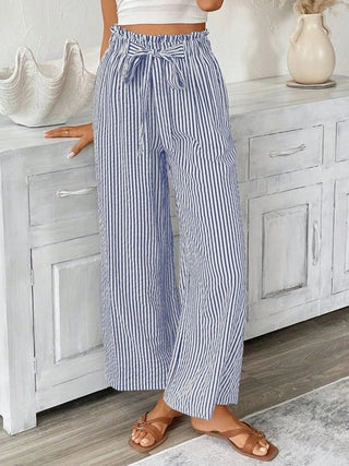 Full Size Striped Wide Leg Paper Bag Pants Plus Size - A Roese Boutique