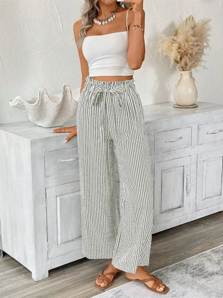 Full Size Striped Wide Leg Paper Bag Pants Plus Size - A Roese Boutique