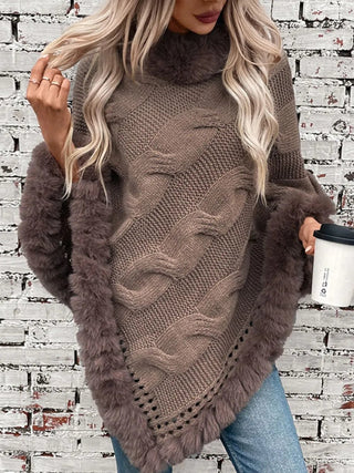 Fuzzy Hem Cable - Knit Poncho - A Roese Boutique