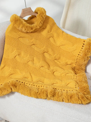 Fuzzy Hem Cable - Knit Poncho - A Roese Boutique