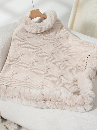 Fuzzy Hem Cable - Knit Poncho - A Roese Boutique