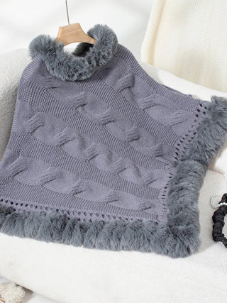 Fuzzy Hem Cable - Knit Poncho - A Roese Boutique