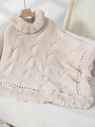 Fuzzy Hem Cable - Knit Poncho - A Roese Boutique
