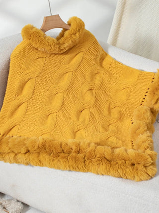 Fuzzy Hem Cable - Knit Poncho - A Roese Boutique