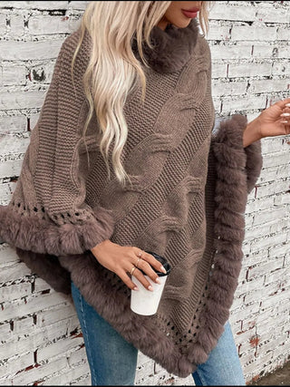 Fuzzy Hem Cable - Knit Poncho - A Roese Boutique