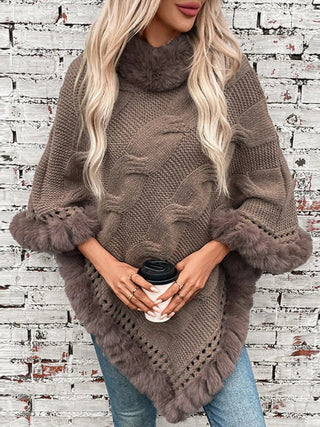 Fuzzy Hem Cable - Knit Poncho - A Roese Boutique