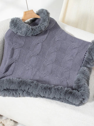Fuzzy Hem Cable - Knit Poncho - A Roese Boutique