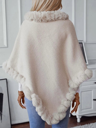 Fuzzy Trim Texture Three - Quarter Sleeve Poncho - A Roese Boutique