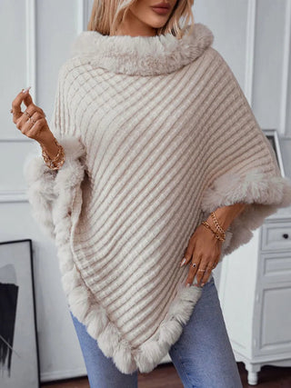 Fuzzy Trim Texture Three - Quarter Sleeve Poncho - A Roese Boutique