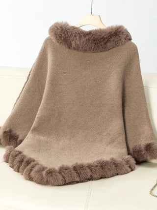 Fuzzy Trim Texture Three - Quarter Sleeve Poncho - A Roese Boutique