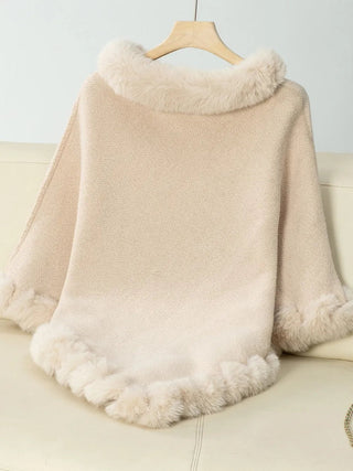 Fuzzy Trim Texture Three - Quarter Sleeve Poncho - A Roese Boutique