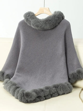 Fuzzy Trim Texture Three - Quarter Sleeve Poncho - A Roese Boutique