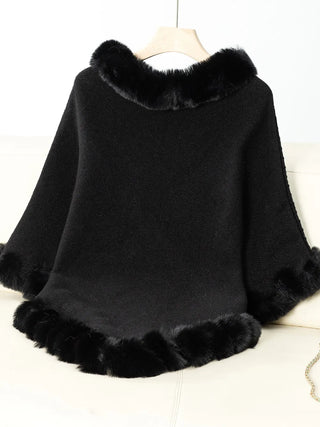 Fuzzy Trim Texture Three - Quarter Sleeve Poncho - A Roese Boutique
