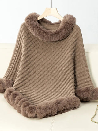 Fuzzy Trim Texture Three - Quarter Sleeve Poncho - A Roese Boutique