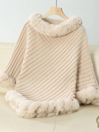 Fuzzy Trim Texture Three - Quarter Sleeve Poncho - A Roese Boutique