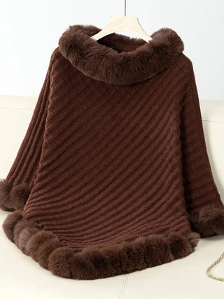Fuzzy Trim Texture Three - Quarter Sleeve Poncho - A Roese Boutique