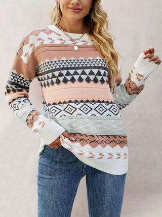 Geometric Pattern Round Neck Sweater - A Roese Boutique