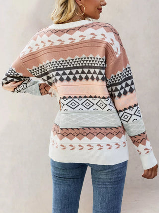 Geometric Pattern Round Neck Sweater - A Roese Boutique
