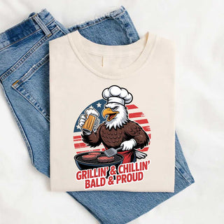 Grillin’ & Chillin’, Bald & Proud T-Shirt – Patriotic Bald Eagle BBQ Vintage Tee - A Roese Boutique