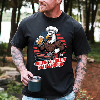 Grillin’ & Chillin’, Bald & Proud T-Shirt – Patriotic Bald Eagle BBQ Vintage Tee - A Roese Boutique