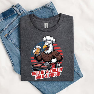 Grillin’ & Chillin’, Bald & Proud T-Shirt – Patriotic Bald Eagle BBQ Vintage Tee - A Roese Boutique