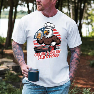 Grillin’ & Chillin’, Bald & Proud T-Shirt – Patriotic Bald Eagle BBQ Vintage Tee - A Roese Boutique