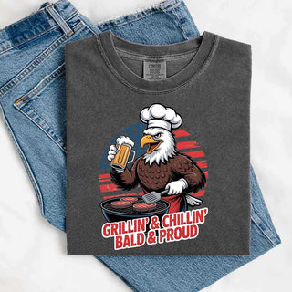 Grillin’ & Chillin’, Bald & Proud T-Shirt – Patriotic Bald Eagle BBQ Vintage Tee - A Roese Boutique