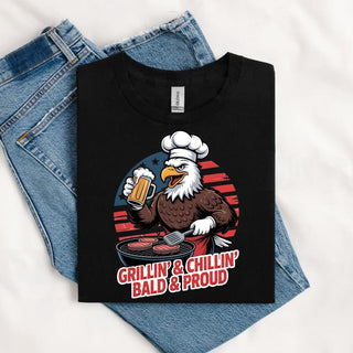 Grillin’ & Chillin’, Bald & Proud T-Shirt – Patriotic Bald Eagle BBQ Vintage Tee - A Roese Boutique