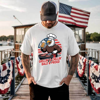 Grillin’ & Chillin’, Bald & Proud T-Shirt – Patriotic Bald Eagle BBQ Vintage Tee - A Roese Boutique