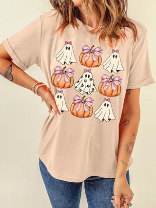 Halloween Bowknot Ghost Pumpkin Graphic T Shirt - A Roese Boutique