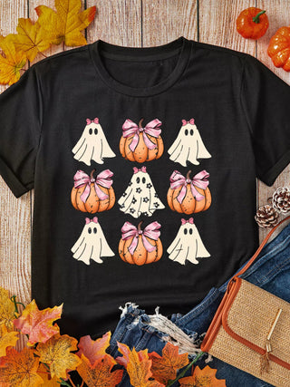 Halloween Bowknot Ghost Pumpkin Graphic T Shirt - A Roese Boutique