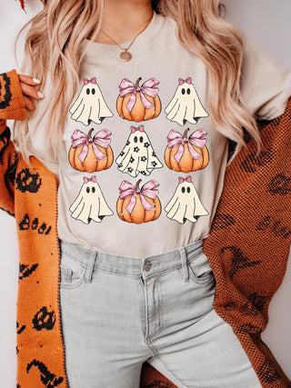 Halloween Bowknot Ghost Pumpkin Graphic T Shirt - A Roese Boutique