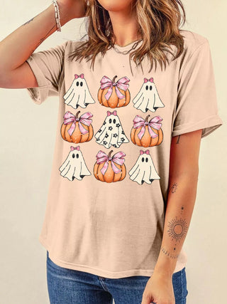 Halloween Bowknot Ghost Pumpkin Graphic T Shirt - A Roese Boutique
