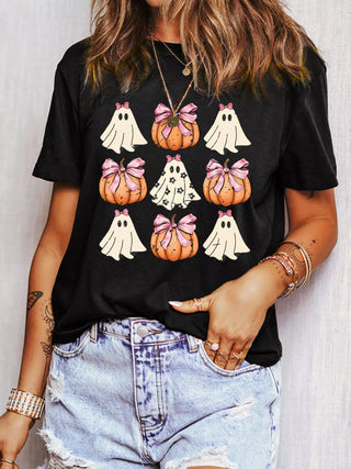 Halloween Bowknot Ghost Pumpkin Graphic T Shirt - A Roese Boutique