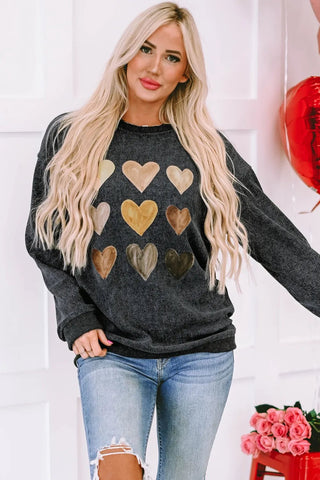 Heart Round Neck Dropped Shoulder Sweatshirt - A Roese Boutique