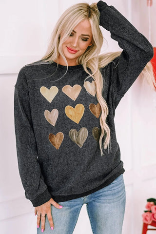 Heart Round Neck Dropped Shoulder Sweatshirt - A Roese Boutique